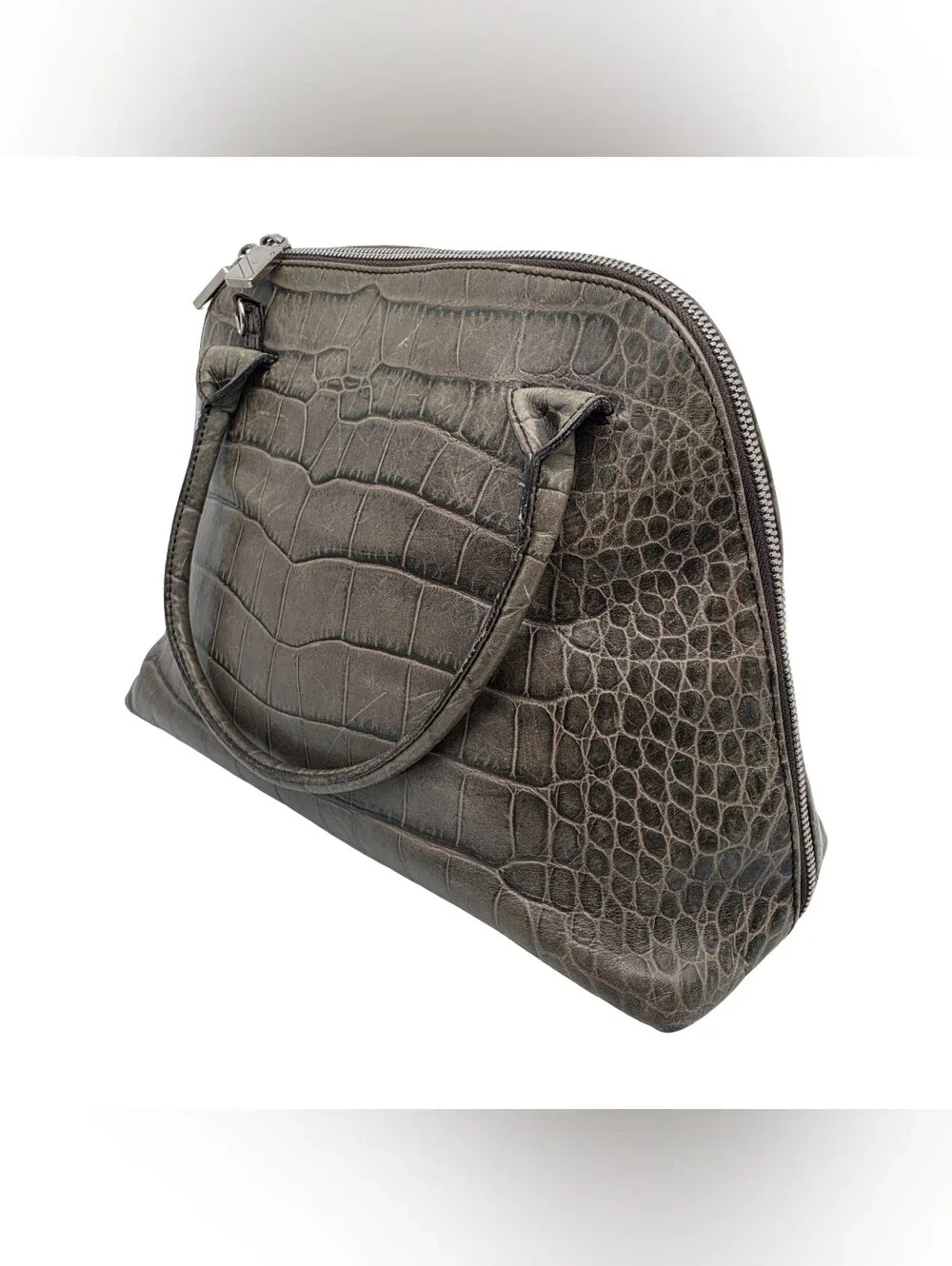 Vintage Furla Crocodile Embossed Green Leather Dome Satchel